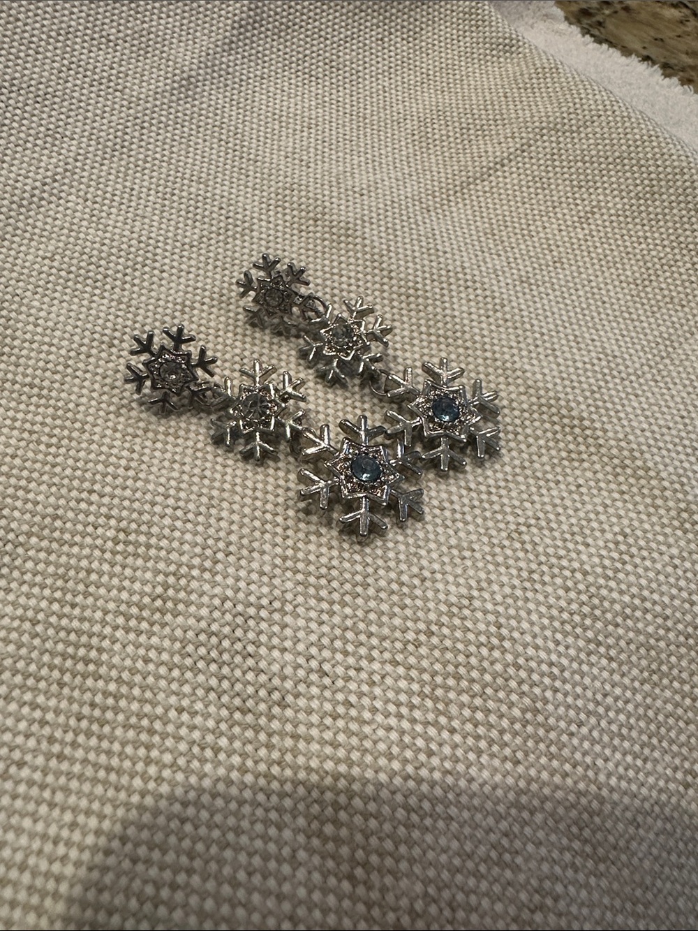 Silver Snowflake Drop Earrings with Blue Crystal Accent